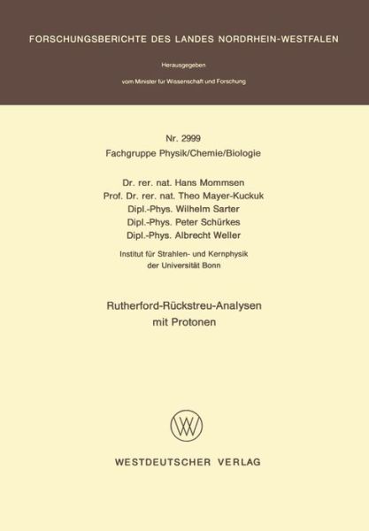 Cover for Hans Mommsen · Rutherford-Reuckstreu-Analysen Mit Protonen (Pocketbok) [1980 edition] (1980)