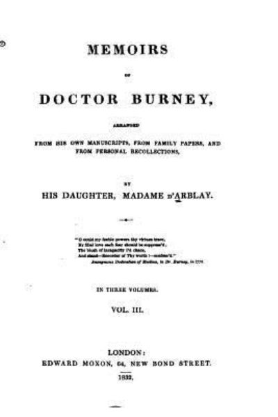 Cover for Fanny Burney · Memoirs of Doctor Burney - Vol. III (Paperback Book) (2016)