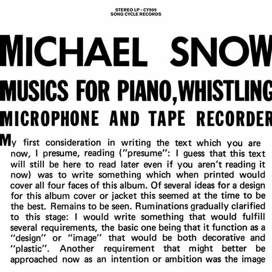 Music For Piano, Whistling, Microphone And Tape Recorder - Michael Snow - Muzyka - SONG CYCLES - 0889397719999 - 28 października 2016